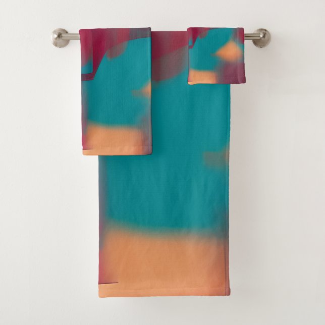 Red and teal abstract blend  bath towel set (Insitu)
