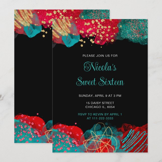 Red and Teal Blue Alcohol Ink Sweet Sixteen Invitation (Front/Back)