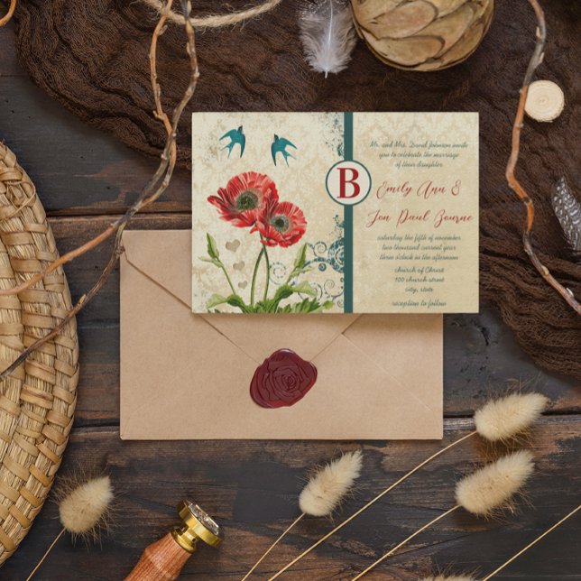 Red and  Teal Blue Love Birds Damask Poppy Wedding Invitation (Creator Uploaded)