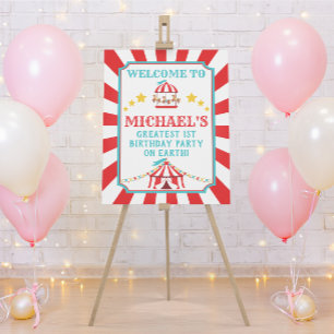 Red and Teal Circus Carnival Birthday Welcome Sign