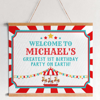 Red and Teal Circus Carnival Birthday Welcome Sign