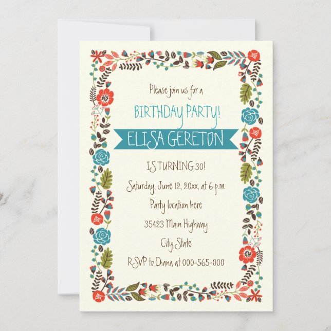 Red and teal floral border women birthday party invitation (Front)