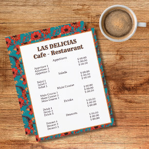 Red and Teal Floral Pattern Cafe Restaurant Menu