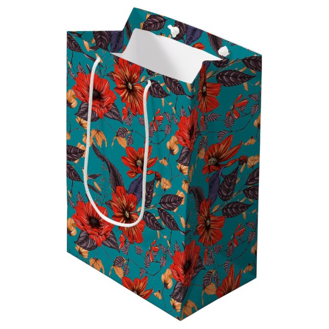 Red and Teal Floral Pattern Medium Gift Bag (Front Angled)
