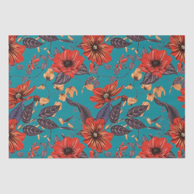 Red and Teal Floral Pattern Tissue Paper (Front)