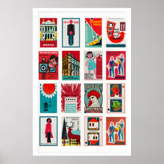 Red and Teal Matchbox Label Collage, cool contrast Poster