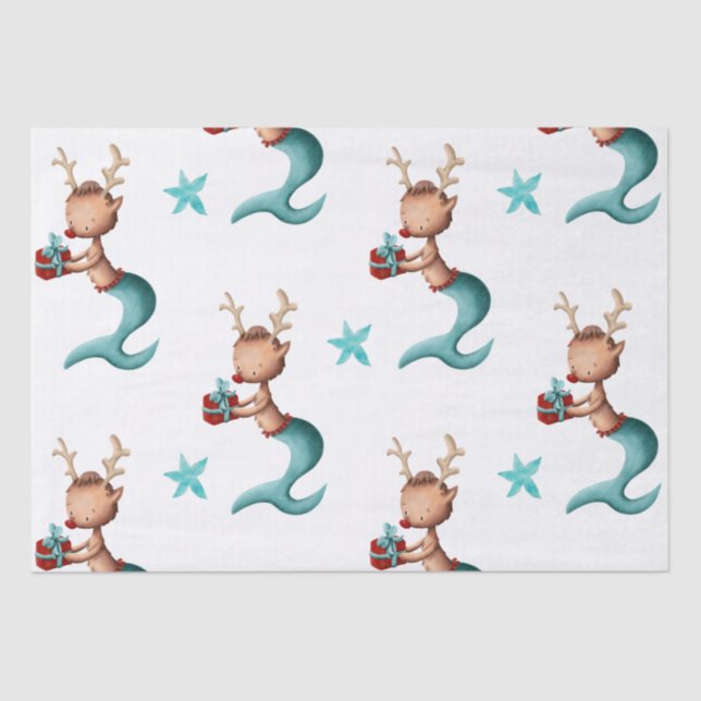 Red and Teal Mermaid Reindeer with Stars Christmas Tissue Paper (Front)