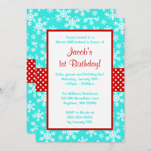 Red and Teal Snowflakes Winter Onederland Invitation