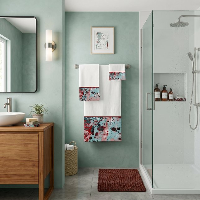 Red and teal splatters bath towel set (Creator Uploaded)