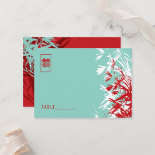 Red And Turquoise Bamboo Leaves Zen Asian Wedding Place Card
