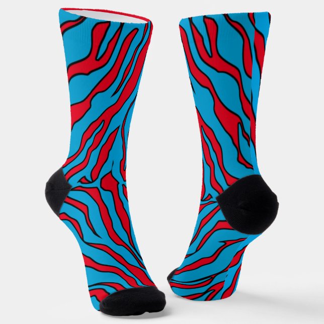Red And Turquoise Tiger Stripes Animal Print  Socks (Angled)