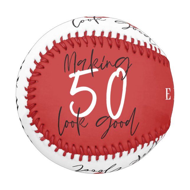 red and white 50th birthday modern chic baseball (Front Left)