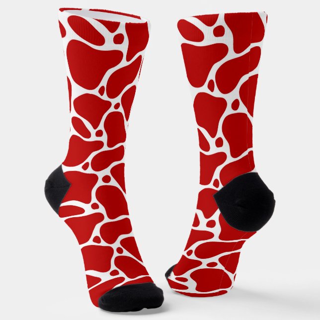 Red and white abstract giraffe pattern socks (Angled)
