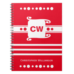 Red and white add initials name striped notebook