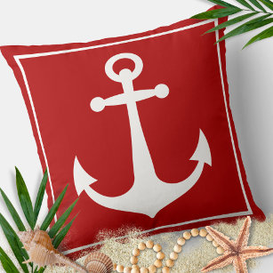 Red and White Anchor Nautical Boat Beach  Cushion