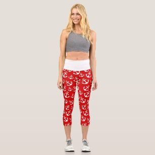 Red and White Anchors Nautical Pattern Capri Leggings