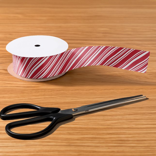 Red and White Angled Peppermint Stripe Ribbon Satin Ribbon (Red and White Angled Peppermint Stripe Ribbon in situ)