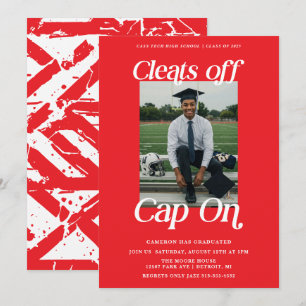 Red and White Athlete Graduation Cleats off Cap On Invitation
