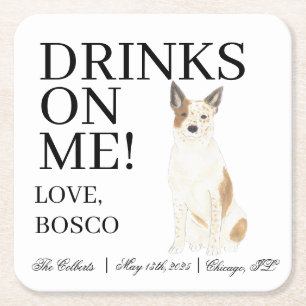 Red and White Australian Cattledog Heeler Wedding Square Paper Coaster