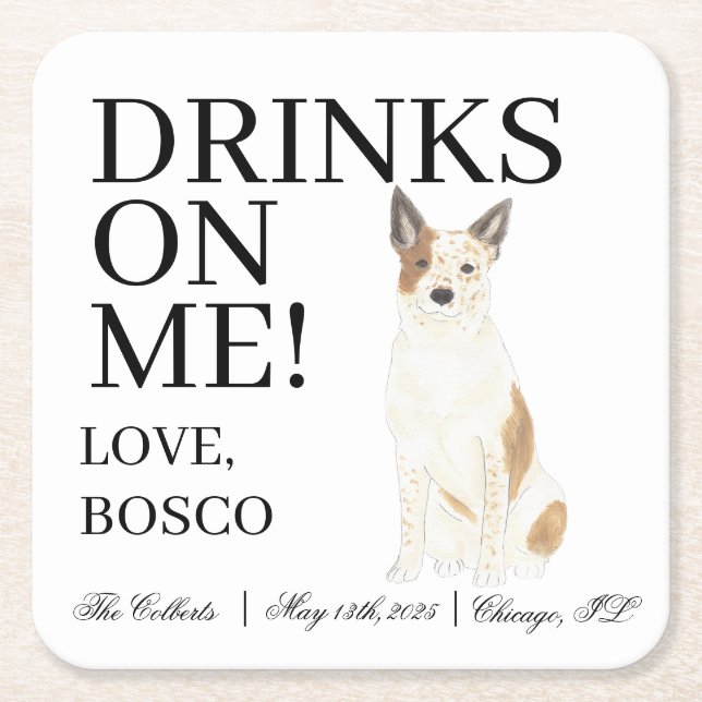Red and White Australian Cattledog Heeler Wedding Square Paper Coaster (Front)