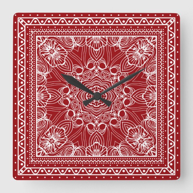 red and white bandanna design square wall clock (Front)