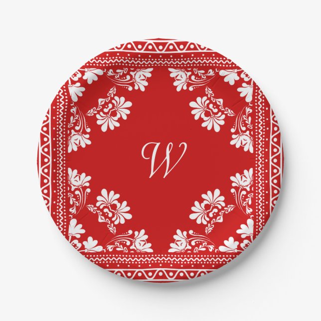Red and White Bandanna With Monogram Paper Plate (Front)