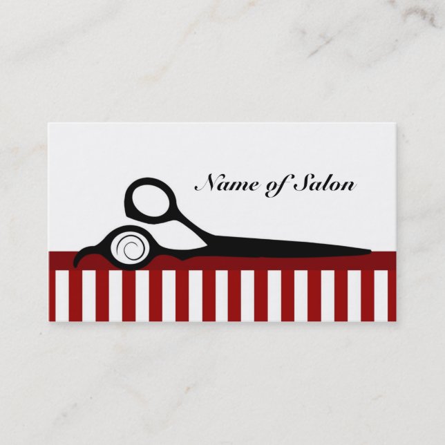 Red and White Barber Stripes Hair Salon Scissors Business Card (Front)