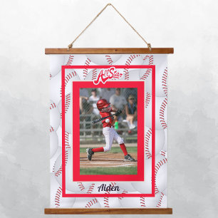Red and White Baseball Photo  Hanging Tapestry