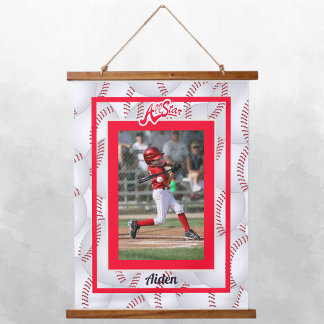 Red and White Baseball Photo  Hanging Tapestry