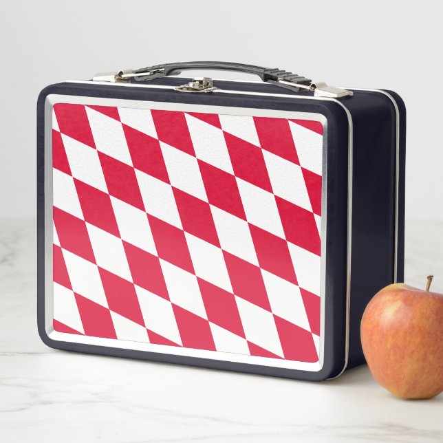 Red and White Bavaria Diamond Flag Pattern Metal Lunch Box (In Situ)