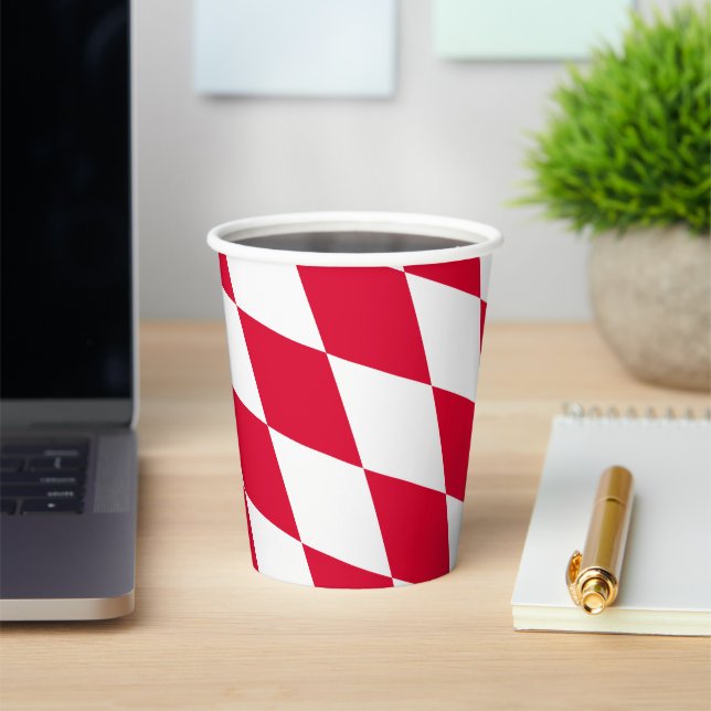 Red and White Bavaria Diamond Flag Pattern Paper Cups (Insitu)