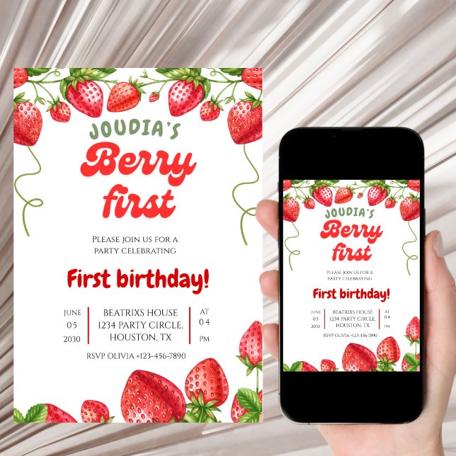 Red and White Berry Cute Watercolor 1st Birthday  Invitation (Creator Uploaded)