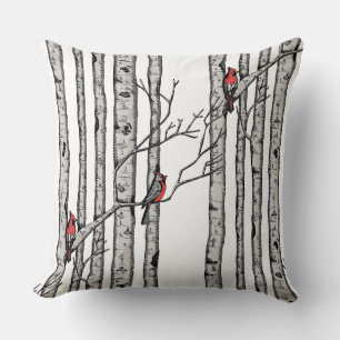 Red and White Birch Trees and Red Cardinal Birds Cushion