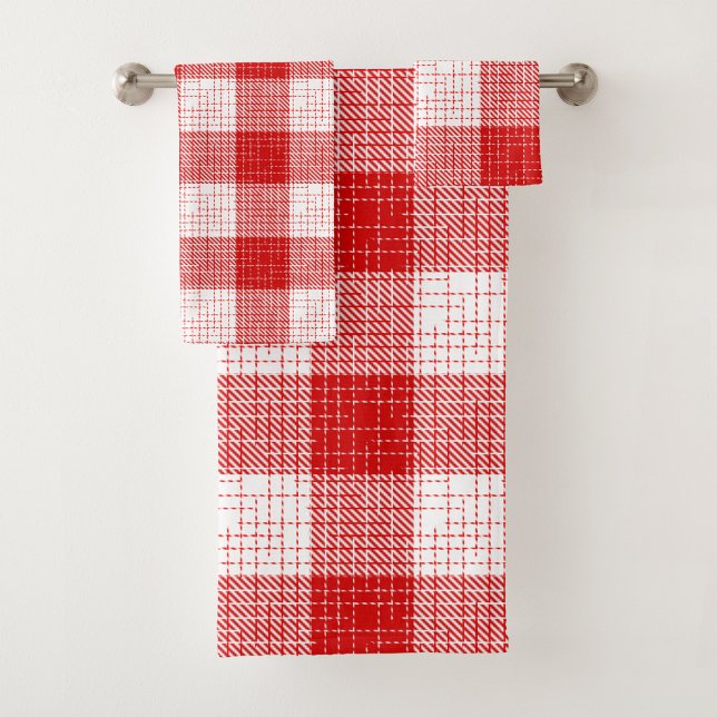 Red and White Bold Checkered Plaid Design  Bath Towel Set (Creator Uploaded)