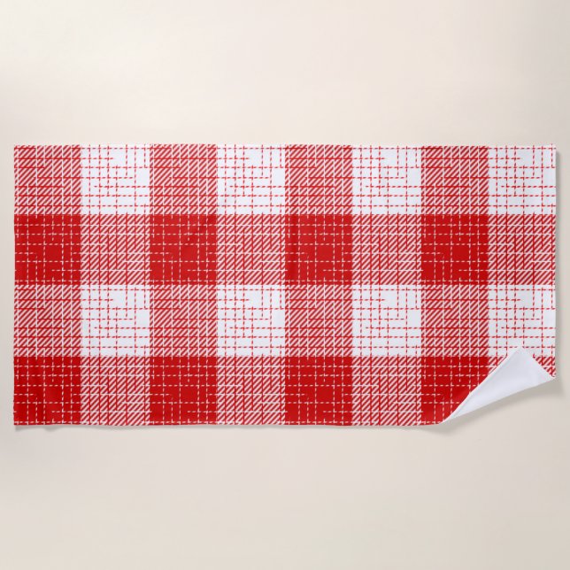 Red and White Bold Checkered Plaid Design  Beach Towel (Front)