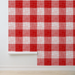 Red and White Bold Checkered Plaid Design Wallpaper