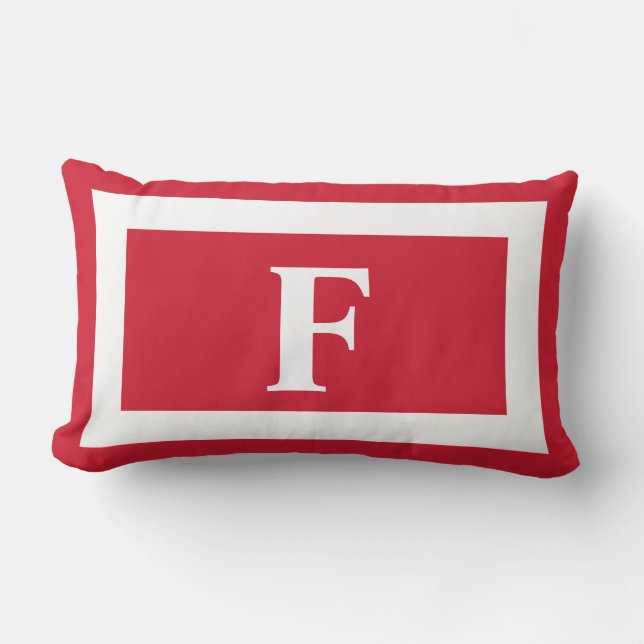 Red and White Bold Monogram Initial Outdoor Lumbar Cushion (Front)