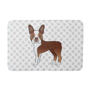 Red And White Boston Terrier Cartoon Dog & Paws Bath Mat