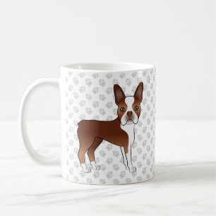 Red And White Boston Terrier Cartoon Dog & Paws Coffee Mug
