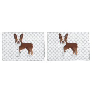 Red And White Boston Terrier Cartoon Dogs & Paws Pillowcase
