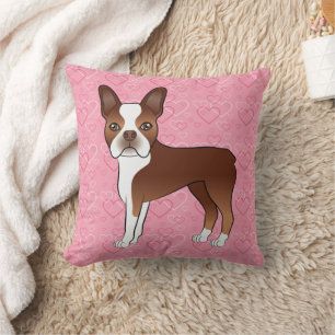 Red And White Boston Terrier Dog On Pink Hearts Cushion