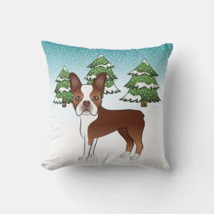 Red And White Boston Terrier In A Winter Forest Cushion