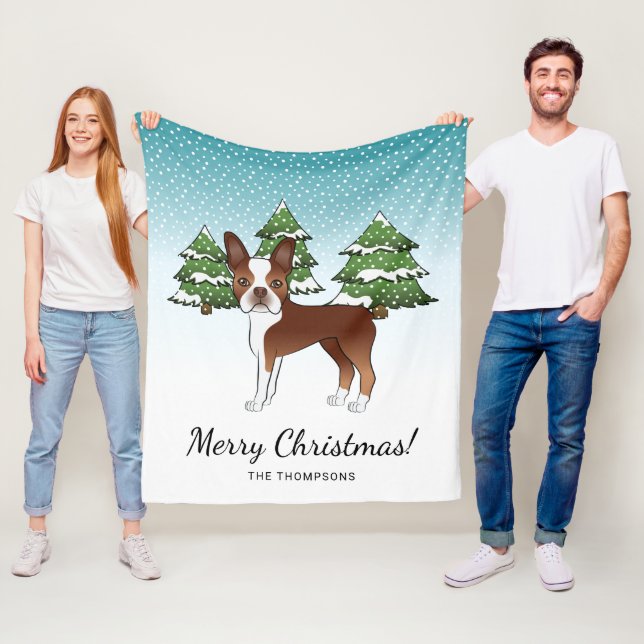 Red And White Boston Terrier In A Winter Forest Fleece Blanket (In Situ)