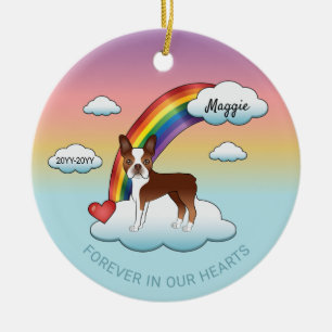Red And White Boston Terrier Rainbow Memorial Ceramic Tree Decoration