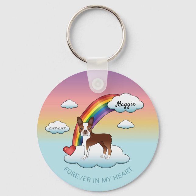 Red And White Boston Terrier Rainbow Memorial Key Ring (Front)