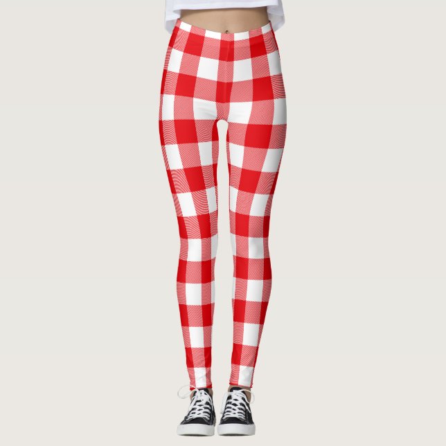 Red and White Buffalo Check Pattern Leggings (Front)