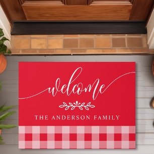 Red And White Buffalo Check Welcome Personalised Doormat