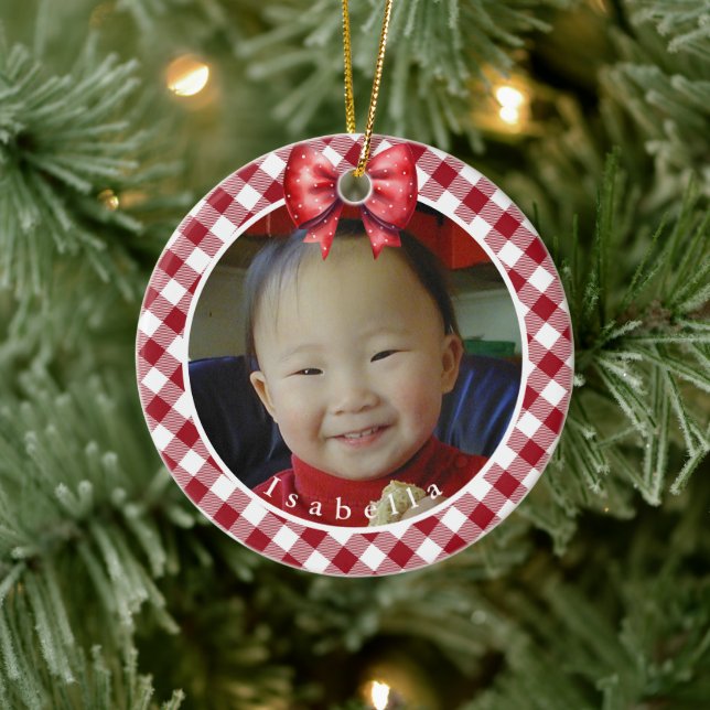 Red and White Buffalo Plaid  Personalised Photo Ceramic Tree Decoration (Tree)