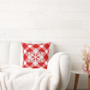 Red and White Buffalo Plaid with Snowflake Cushion