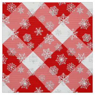 Red and White Buffalo Plaid with Snowflakes Fabric